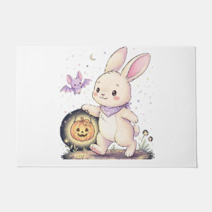Cute Halloween Bunny with Pumpkin Lantern and Bat Doormat