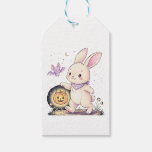 Cute Halloween Bunny with Pumpkin Lantern and Bat Gift Tags