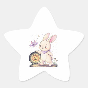 Cute Halloween Bunny with Pumpkin Lantern and Bat Star Sticker