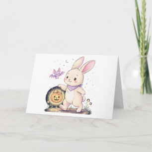 Cute Halloween Bunny with Pumpkin Lantern and Bat Thank You Card