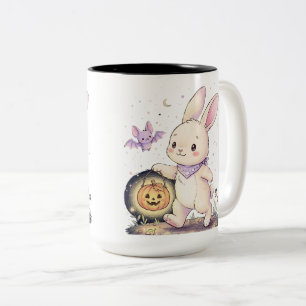 Cute Halloween Bunny with Pumpkin Lantern and Bat Two-Tone Coffee Mug