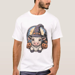 Cute Halloween Calf Witch Hat Vintage Engraving De T-Shirt
