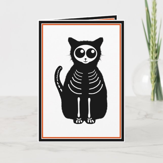 Cute Halloween Cartoon Cat Skeleton Card (Front)