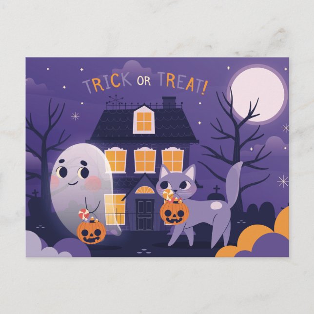 Cute Halloween Cat And A Ghost Postcard (Front)