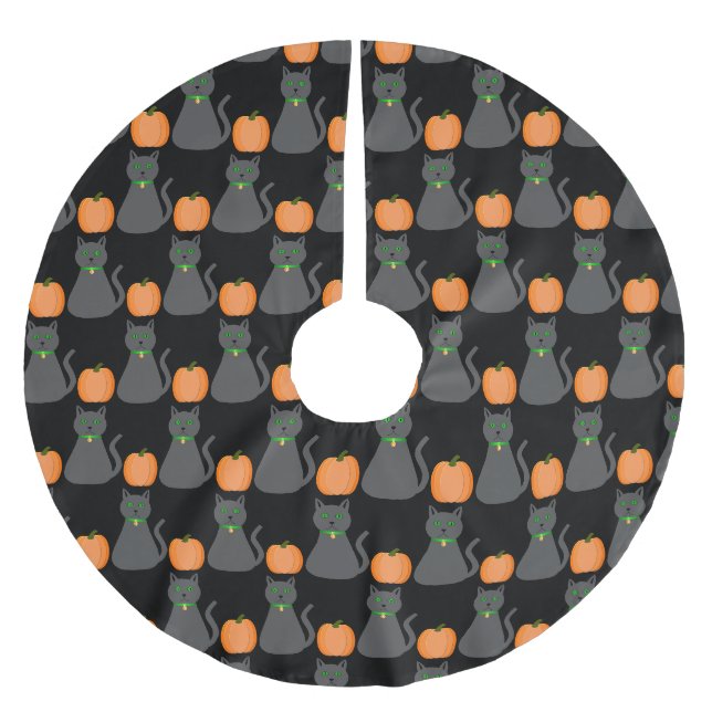 Cute Halloween Cat and Pumpkin Brushed Polyester Tree Skirt (Front)