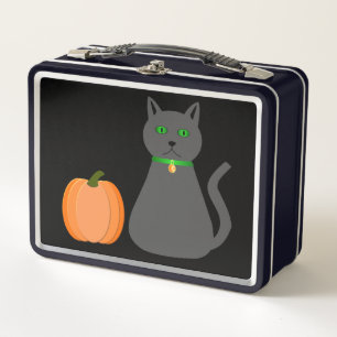 Cute Halloween Cat and Pumpkin Custom Name Metal Lunch Box