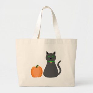 Cute Halloween Cat and Pumpkin Large Tote Bag