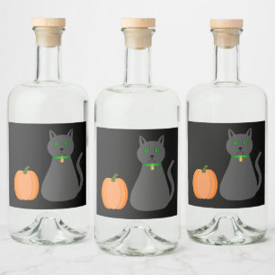 Cute Halloween Cat and Pumpkin Liquor Bottle Label