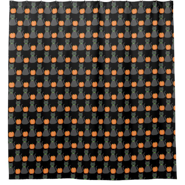 Cute Halloween Cat and Pumpkin Patterned Shower Curtain (Front)