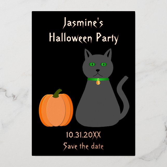 Cute Halloween Cat and Pumpkin Save the Date (Front)