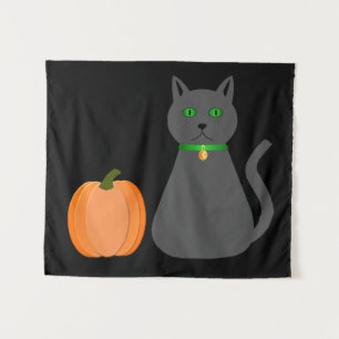 Cute Halloween Cat and Pumpkin Tapestry