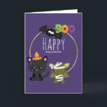 Cute Halloween Cat, Bat & Mummy Boo Card<br><div class="desc">Halloween greeting card with a black flying bat,  a green mummy bat wearing white bandages and a cute black cat with an orange witches hat. Boo written in fun colourful letters.</div>