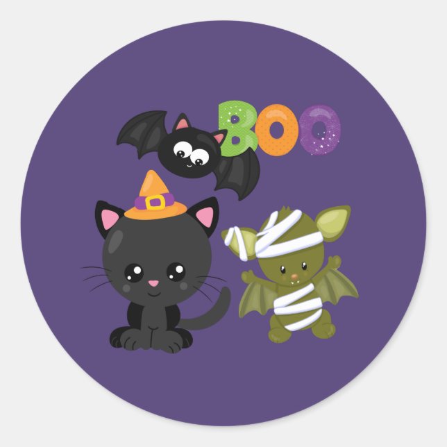 Cute Halloween Cat, Bat & Mummy Boo Classic Round Sticker (Front)