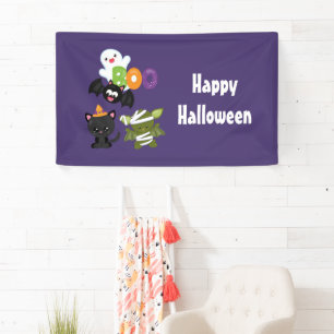 Cute Halloween Cat, Bat, Mummy & Ghost Banner