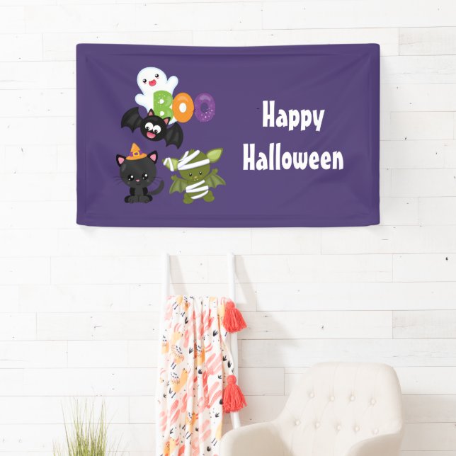 Cute Halloween Cat, Bat, Mummy & Ghost Banner (Insitu)