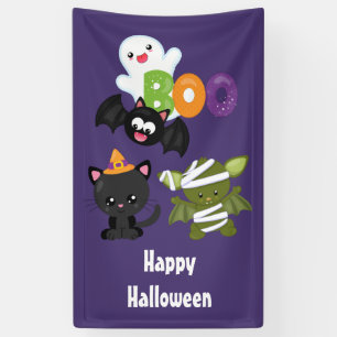 Cute Halloween Cat, Bat, Mummy & Ghost Banner