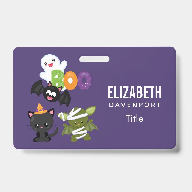 Cute Halloween Cat, Bat, Mummy & Ghost ID Badge (Front)