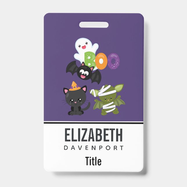 Cute Halloween Cat, Bat, Mummy & Ghost ID Badge (Front)