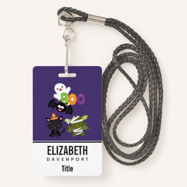 Cute Halloween Cat, Bat, Mummy & Ghost ID Badge (Front with Lanyard)