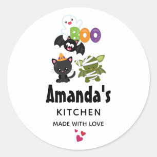 Cute Halloween Cat, Bat, Mummy & Ghost Kitchen Classic Round Sticker