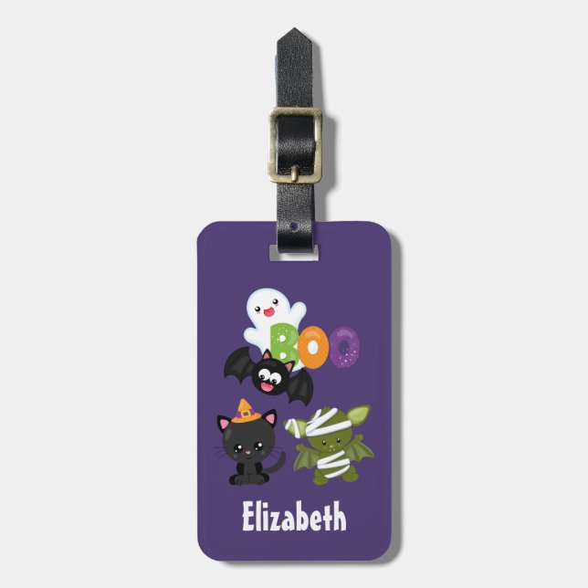 Cute Halloween Cat, Bat, Mummy & Ghost Luggage Tag (Front Vertical)