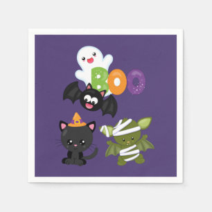 Cute Halloween Cat, Bat, Mummy & Ghost Napkin