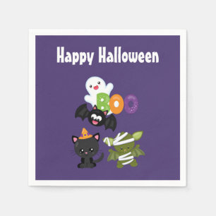 Cute Halloween Cat, Bat, Mummy & Ghost Napkin