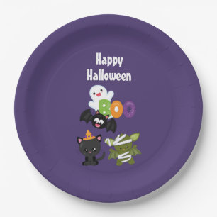 Cute Halloween Cat, Bat, Mummy & Ghost Paper Plate