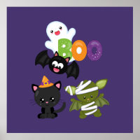 Cute Halloween Cat, Bat, Mummy & Ghost