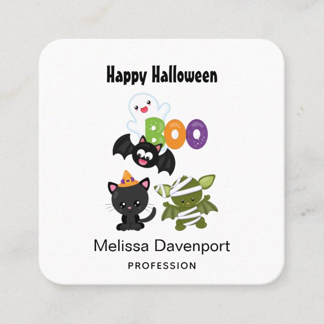 Cute Halloween Cat, Bat, Mummy & Ghost Square Business Card (Front)