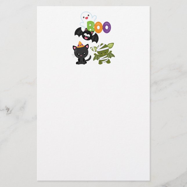 Cute Halloween Cat, Bat, Mummy & Ghost Stationery (Front)