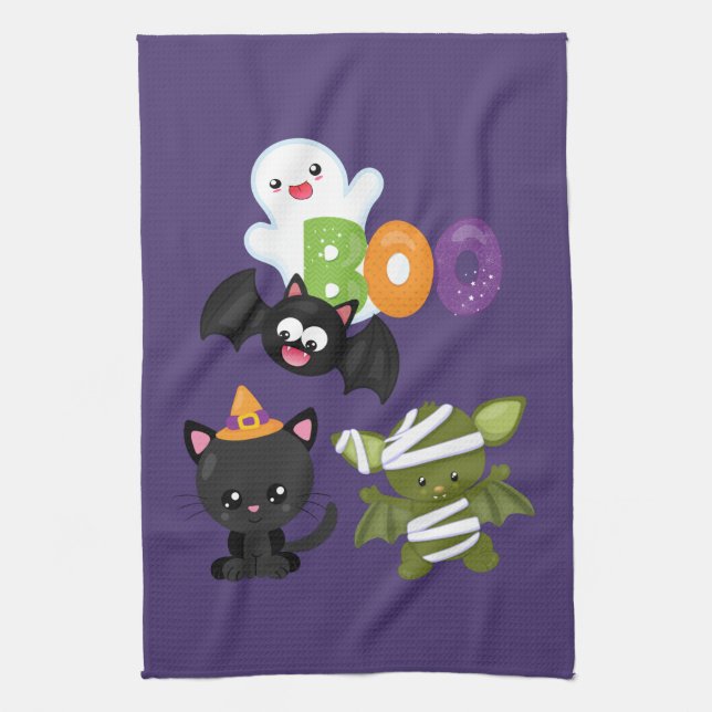 Cute Halloween Cat, Bat, Mummy & Ghost Tea Towel (Vertical)