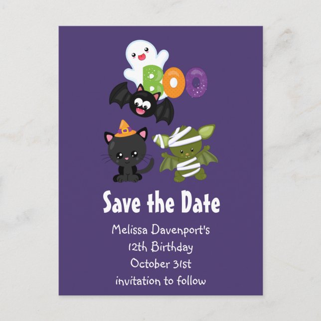 Cute Halloween Cat, Bat, Mummy Save the Date Invitation Postcard (Front)