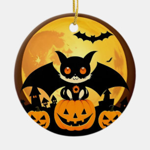 Cute Halloween Cat Character with Pumpkins Ceramic Tree Decoration