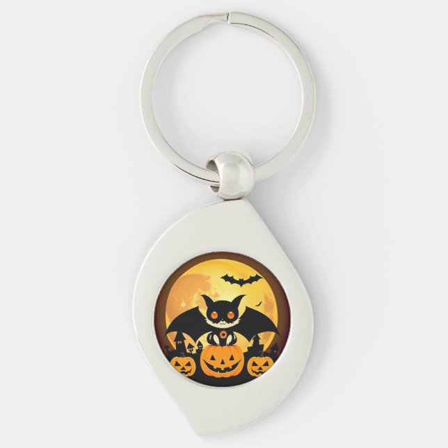 Cute Halloween Cat Character with Pumpkins Key Ring (Front)