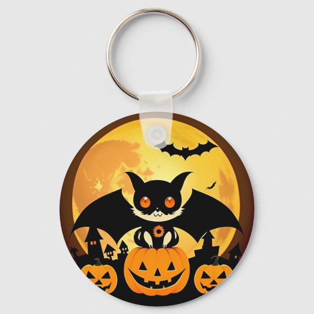 Cute Halloween Cat Character with Pumpkins Key Ring (Front)