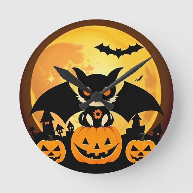 Cute Halloween Cat Character with Pumpkins Round Clock (Front)