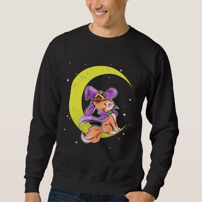 Cute Halloween Cat Costume Witch Hat and Moon Sweatshirt (Front)