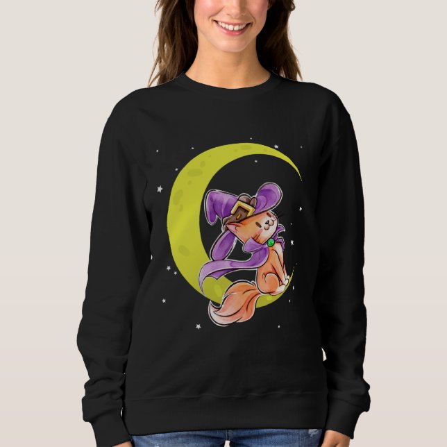 Cute Halloween Cat Costume Witch Hat and Moon Sweatshirt (Front)