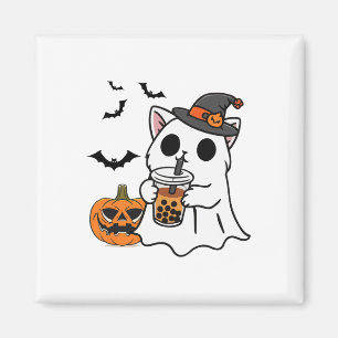 Cute Halloween Cat In Ghost Costume Drinking Bo Te Magnet