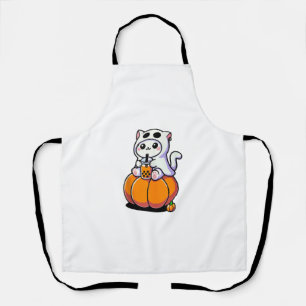 Cute Halloween Cat in Ghost Costume Drinking Boba Apron