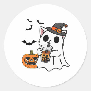 Cute Halloween Cat In Ghost Costume Drinking Boba Classic Round Sticker