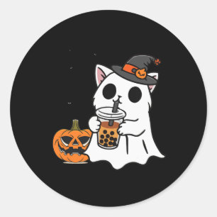 Cute Halloween Cat In Ghost Costume Drinking Boba Classic Round Sticker