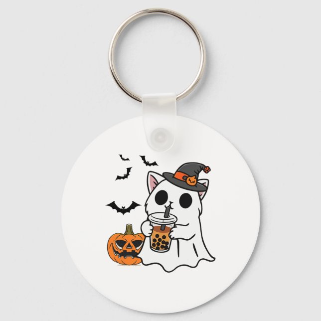 Cute Halloween Cat In Ghost Costume Drinking Boba  Key Ring (Front)