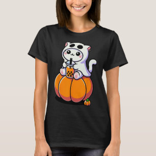 Cute Halloween Cat In Ghost Costume Drinking Boba T-Shirt