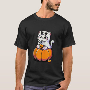 Cute Halloween Cat in Ghost Costume Drinking Boba T-Shirt