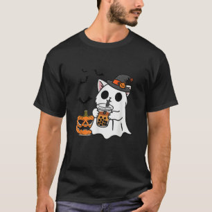 Cute Halloween Cat in Ghost Costume Drinking Boba T-Shirt
