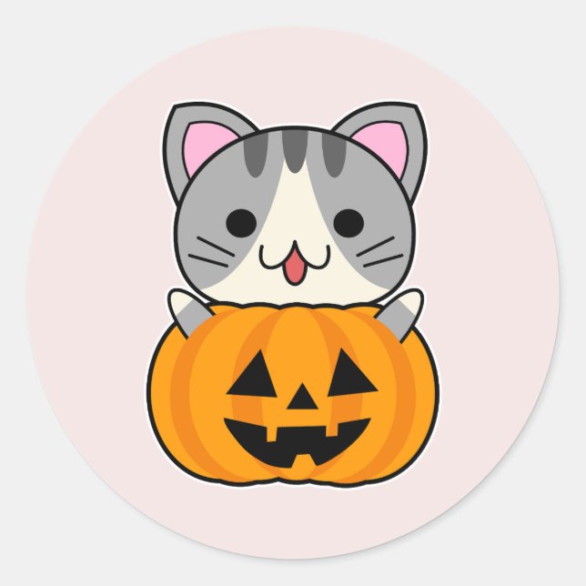Cute Halloween Cat in Jack o Lantern Classic Round Sticker (Front)