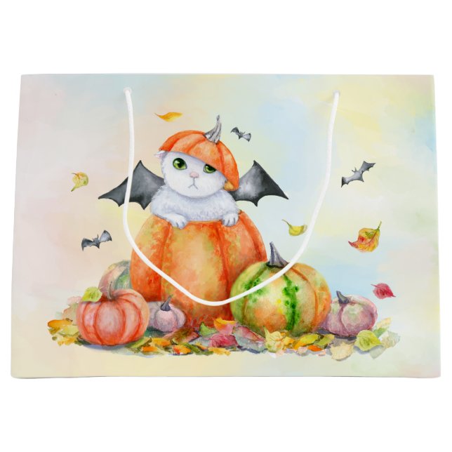 Cute Halloween Cat in Pumpkin Large Gift Bag (Front)