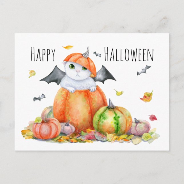 Cute Halloween Cat in Pumpkin Postcard (Front)